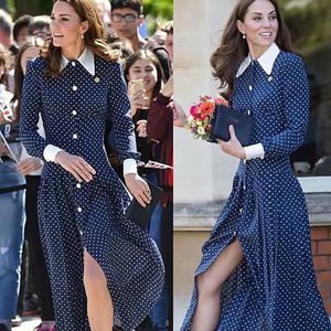 Kate Middleton Long Dress High Quality WomenS Fashion Party Casual Vintage Elegant Gentlewoman Buttons Dots Print Dresses Y200805 183k