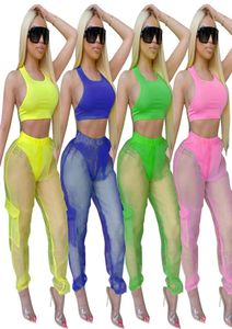 Women Sexy 2 Two Piece Outfits Set Fashion Perspective Mesh Yarn Overalls Pants Vest Crop Top Home Suit Party Nightclub Streetwea6329586