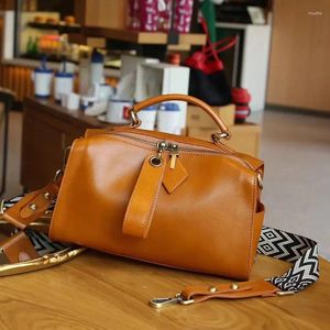 Totes Vintage Frauen Handtasche Luxusöl Wachs Kuh Leder Lady Umhängetasche Satchel -Muster breiter Gurt Boston Messenger Geldbörse