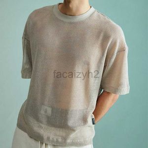 Men's T Shirts 2024 Loose casual hollowed out knit shirt for men's solid color slim fit T-shirt oversized pullover top Plus Tees Polos