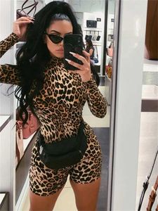 Basic Casual Dresses Women Leopard Playsuits Autumn Long Sleeve Mock Neck Bodycon Short Romper Fitness Biker Club Sexy Overalls Female Streetwear Q240430