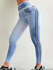 Kvinnors leggings faux jean tryck fitness kvinnor aktivt kläder gym yoga byxor sportkläder stretchig hög midja atletisk träning