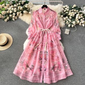 Mulheres casuais básicas Runway Runway New Summer Holiday Beach Dress Long Dress Long's Lapeel LAPEL LANTERN Lanterna Manga Floral Print Sashes Lace Up Chiffon Loose Vestidos 2024