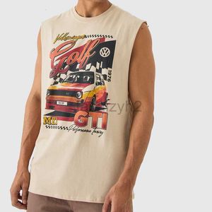 メンズTシャツ2024新しいルーズスポーツプリントタンクトップマンズファッショントッププラスティーポロスのための汎用しきざるのない袖の底底