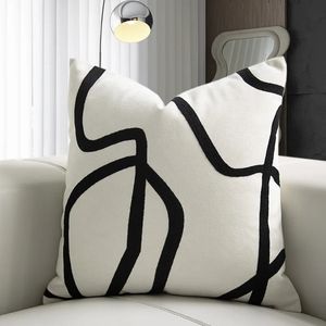 Geometric Abstraction Line Embroidered Pillowcase Black White Beige Suede Canvas Cushion Cover Sofa Bedside Throw Pillowcover 240430