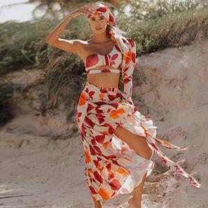 Beach Wear Print Bikini Set Women Wrap Skirt Swimsuit High Waist Cover Up Sexy Sarong Plage Bathing Suit