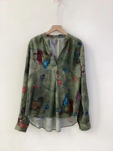 Damskie bluzki damskie koszulę w Viscose Animal Floral Print V-Neck luźna elegancka wiosna 2024 Długie rękaw Nieregularny design żeńska bluzka