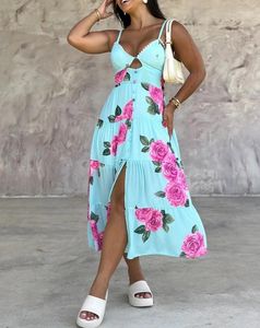 Casual Dresses Sexig tjej 2024 Summer Fashion Flower Print Hollow Noodle Strap V-Neck Slim Fit Dress