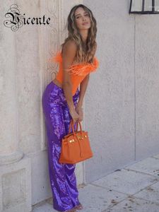 Kvinnors tvådelade byxor VC Set For Women Celebrity Party bär fjäderdesign Stropplös orange bandage skörd och lila paljettbyxor