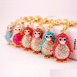 Key Rings Colorf Cute Bag Keychain Rhinestone Animal Penguin Pendant Car Accessories Chains Gold Tone Lobster Clasp Ring Holder Drop Dh8Wv