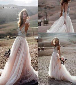 2019 Chic Bohemia Beach A Line Party Gown Wedding Dresses Backless Crystals Country Bridal Gowns Boho Vestido de Novia3649039