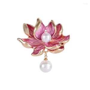 Brooches Imitation Pearl Pendant Pink Flower Plant Pins Chinese Style Lotus Brooch Women's Banquet Clothing Jewelry Accessories Gift