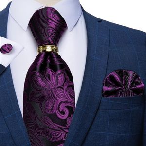 Laço amarra luxo seda roxa para homens fashion wedding pescoço tie presentes acessórios abafas lençóis anel de lenço conjunto 254u