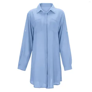 カーディガン長袖の女性シャツソリッドカラーしわのある生地ポケットボタンビーチカバービキニシャツ水着ドレス