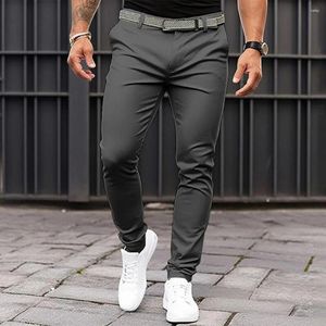 Calça masculina masculino de cor sólida traje de mid-mid-rise bolsos de calça zíper mais esbelto