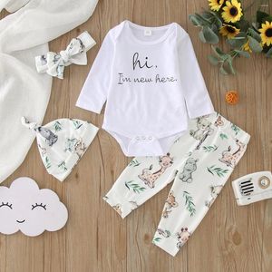 Conjuntos de roupas 3 6 12m Baby meninos garotos Roupas fofas Carta de manga comprida Rompers de animais calças estampas de animais Hat de bandana do outono de desligamento de inverno