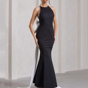 Sleeveless Mermaid Evening Dress Long Crepe Formal Party Prom Gown with Bow