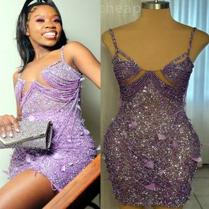 2024 ASO EBI LILAC SHEATH PROM Dress Short Mini Sequined Evening Formal Party Second Reception 50th Birthday Engagement Gowns Dresses Robe de Soiree ZJ343