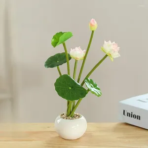 Dekorativa blommor Lotus Small Bonsai Ceramic Basin Simulation Flower Leaf Pot Artificial Plant Home Office Desktop Decoration