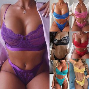 Women's Swimwear 2-Piece Lace Bra Set Women Transparent Brief Sets Seamless Underwear Panties Erotic Lingerie Set Female Sexy Hollow Bralette T240505