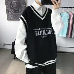 Mäns västar mode v-ringning plysch college stil mens vintage stickad väst trend harajuku hip hop casual lös svart par tröja