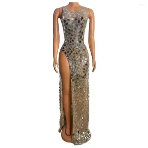 Casual Dresses Women Luxury Sexig O Neck Split Elastic Studded Celebrity Maxi Long Party Dress Elegant Evening Performance Stage Costume