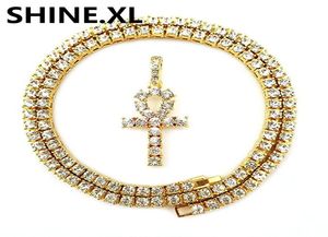 Mens Iced Out Hip Hop Gold Artificial Diamond Ankh Lab Diamond 1 Row Tennis Chain 24 Inch Bling Jewelry4657798