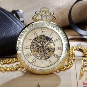Pocket Watches Vintage Mechanical Skeleton Steampunk Roman Numerals Fob Watch Hand-Wind With Chain Men Clock Gifts Reloj Hombre