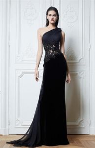 검은 원 숄더 Zuhair Murad 이브닝 드레스 수제 꽃을 통해 아플리케를 통한 Aline Sweep Train Prom Evening Party Dress3619550