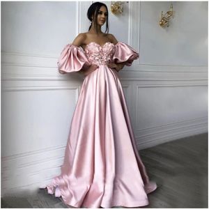 Pink Sweetheart Neck Caftan Evening Dresses Flowers Full Sleeve Arabic Special Occasion Dress Evening Birt Gowns 317Z