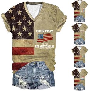 Kvinnors T -skjortor och blusar Western Shirt Country Music for Women V Neck Vintage Flag Print Tshirt Ropa de Mujer
