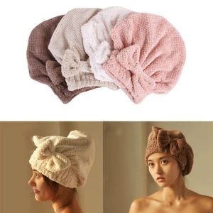 Set Coral Velvet Quick Hair Drying Towel Bowknot Wrap Towel Hat Cap Thicken Bonnets for Women Bathroom Accessories Solid Color Towel