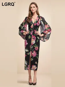 カジュアルドレスファッション印刷ドレスベントデザイン女性vネックハイウエスト長袖薄いエレガントな女性春2024 3WM700