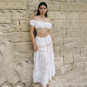 Saias boho inspirou mulheres elegantes e elegantes bordados brancos saia longa longa cintura elástica vintage uma linha de verão maxi