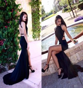 2020 Sexig rygglös svart sjöjungfru aftonklänning halter halssidan delad billiga långa ärmar party prom klänningar mantel de soiree2449925