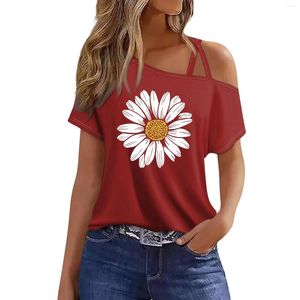 Women's T Shirts Fashion Casual Sunflower Print Sexy Cold Shoulder Short Sleeve T-Shirt Top Fashionable And Simple Clothing