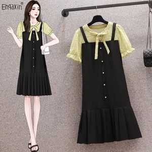 Partykleider Ehqaxin Sommer Frauenkleid 2024 Korean Edition Einfacher Spleißkontrast Kurzarm A-Line Loose Ruffle M-4xl