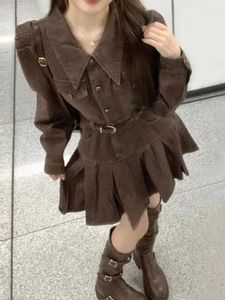Sıradan Elbiseler Kış Kahverengi Retro Vintage Elbise Kadın Patchwork Y2K Harajuku Kadın Kore Moda Tasarımcısı Tek Parça Mini 2024