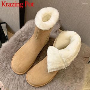 Stövlar Krazing Pot 2024 Wool Cow Suede Round Toe Low Heels Snow Keep Warm Fur British School Simple Style Mysig blixtlås Ankel