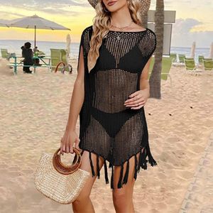 Fishnet Beachwear Pullover Frauen in Übergröße ausgehöhltem Strand Badeanzug Feiertag Smock mit Fransen Quasten weibliche Kleidung
