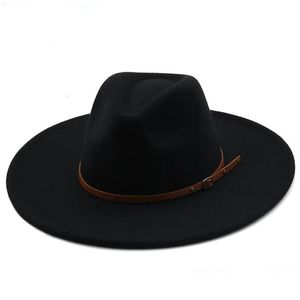 Szerokie czapki brzegowe 9,5 cm fedora z brązowym paskiem jesienne zima kobiety impreza top hat men jazz retro kowboj