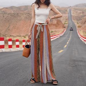 Kvinnors byxor 2024 Summer Elastic High midja Löst tryck Wide Leg Beach Thin Pant Bohemian Kvinnliga byxor 6114