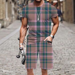 Mens T-shirt Shorts Set Plaid Stripe Mönster Sportkläder outfit Summer O Neck Funny 3D Printed Short Sleeve Tops Street 240425