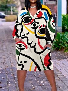Plus Size Womens Fashion Street Style Dresses Casual Loose Irregular Pattern Long Sleeve VNeck 5XL 240422