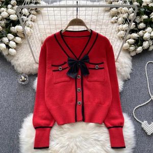Женские трикотажные вязаные осенние зимние маленькое ароматное сладкое лук красный свитер кардиган V-образный вырез с длинными рукавами