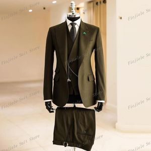 Men's Suits Fashion Army Green Men Business Suit Groom Groomsman Prom Wedding Party Formal Occasion Tuxedos 3 Piece Set Jacket Vest Pants