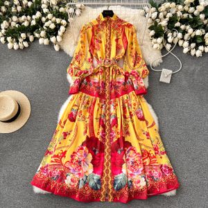 Casual Dresses Vintage Dresses Spring Holiday Floral Print Linen Robe Long Sleeve Stand A-Line Belt Beach Party Dress Single Breasted Women Maxi Clothes 2024