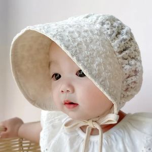 20pcs/lot Lace Flower Hollow Baby Cap Summer Breathable Princess Baby Girl Hat Solid Color Newborn Infant Bucket Hats Bonnet 3-12M