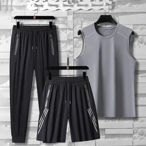 Running Sets Sportswear Three Piece Set Summer High-quality Ice Silk Casual Breathable Quick Drying Sleeveless T-shirt Shorts Pants