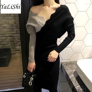 Sukienki swobodne 2024 Winter Women Sweter V Neck Patchwork Batwing Sleeve Bandage Bandide Sukienka Vintage Party Bodycon Midi